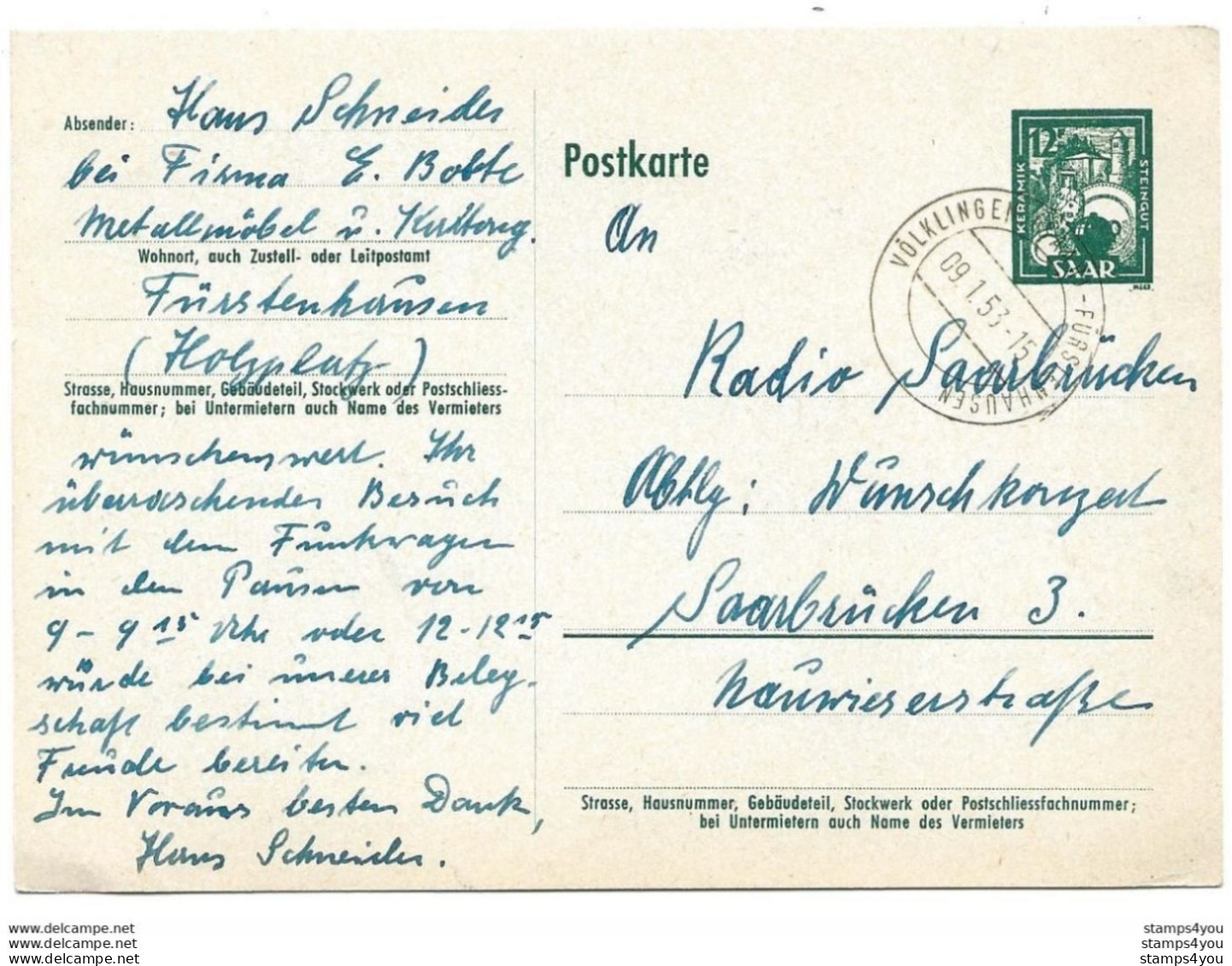 52 - 47 - Entier Postal Avec Cachet à Date Völklingen 1953 - Interi Postali