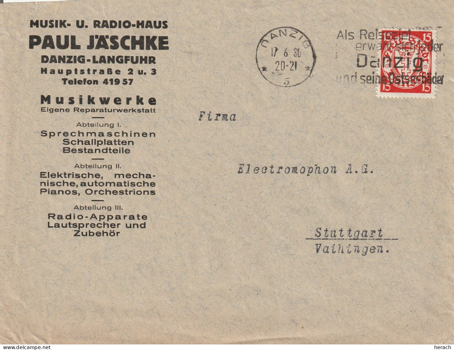 Danzig Lettre Pour Stuttgart 1930 - Briefe U. Dokumente