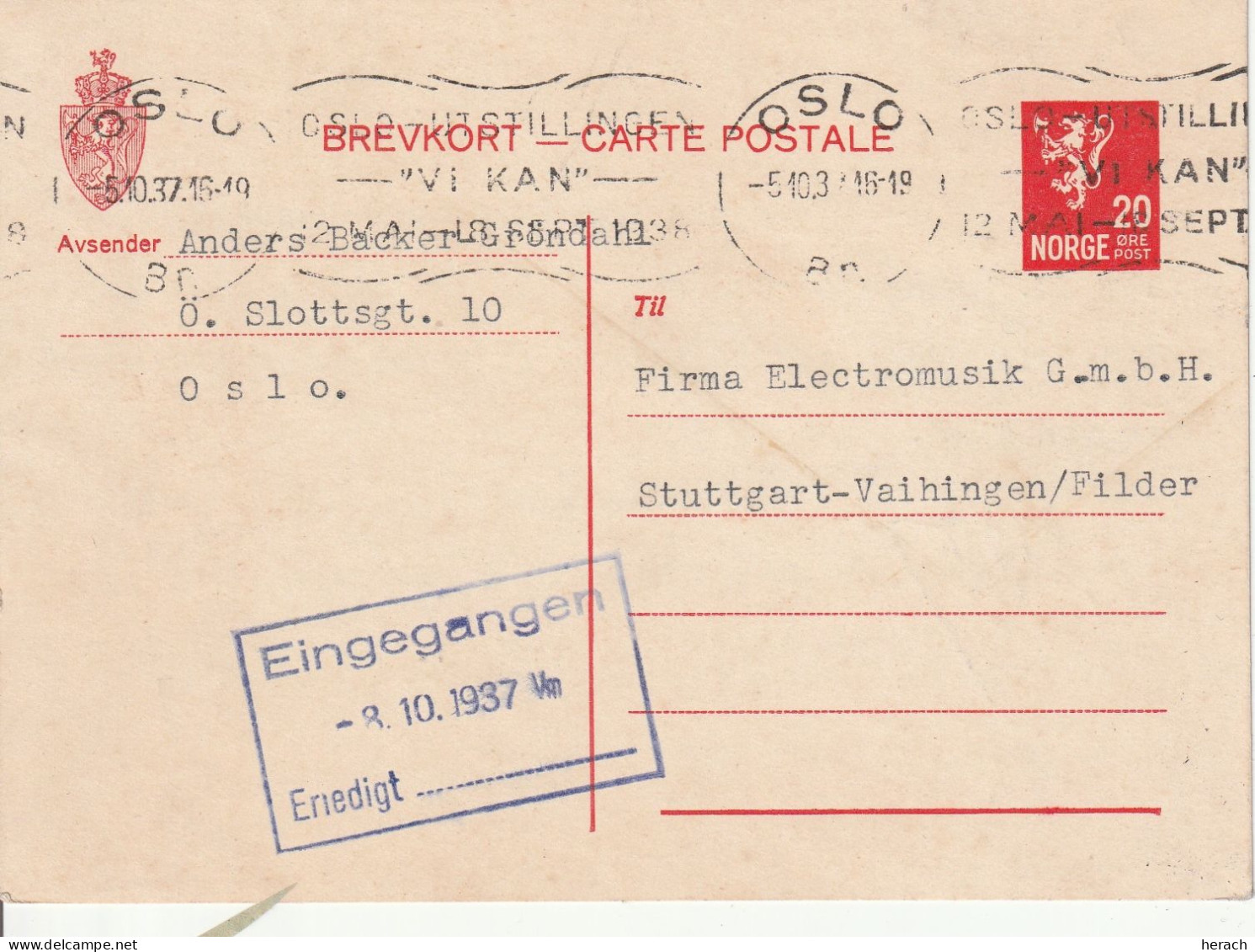 Norvège Entier Postal Oslo Pour L'Allemagne 1937 - Enteros Postales