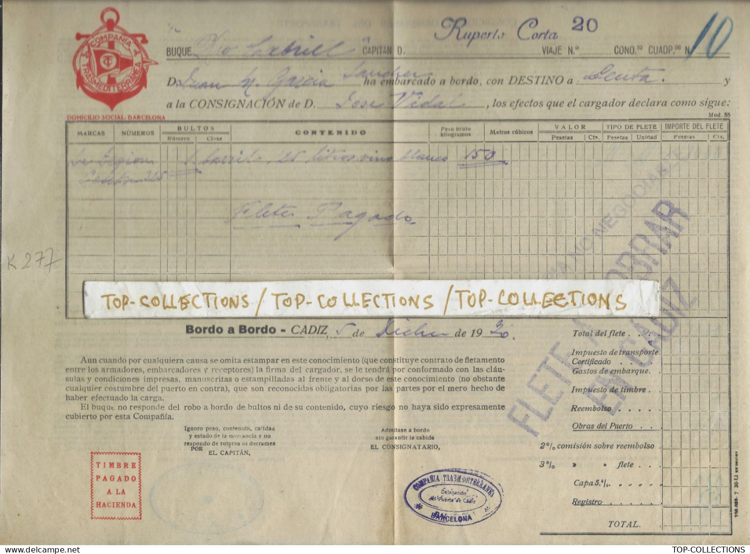 1930 CONNAISSEMENT BILL OF LADING CONOCIMIENTO Cia Trasmediterranea Barcelona De Cadiz à Ceuta  Vin Navire Rio CABRIEL - España