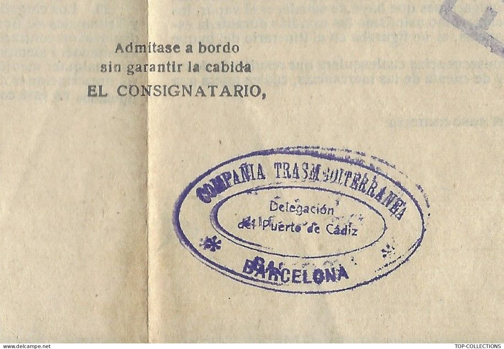 1930 CONNAISSEMENT BILL OF LADING CONOCIMIENTO Cia Trasmediterranea Barcelona De Cadiz à Ceuta  Vin Navire Rio CABRIEL - España