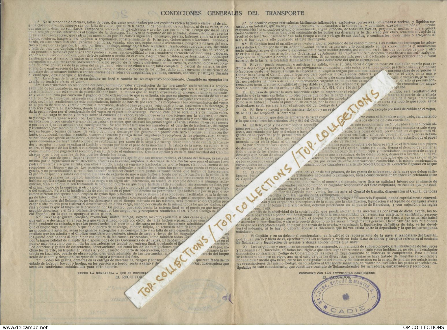 1930 CONNAISSEMENT BILL OF LADING CONOCIMIENTO Cia Trasmediterranea Barcelona De Cadiz à Ceuta  Vin Navire Rio CABRIEL - Spanien