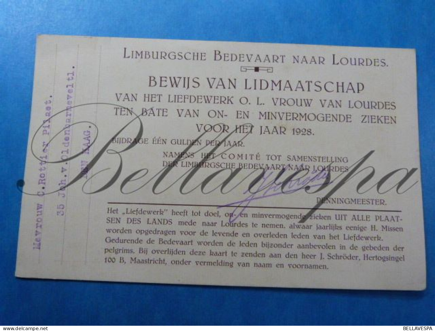 Nederlands Limburg Bedevaart O.L.V. Lourdes  Zegening Mgr F.Janssens Versailles 1928 Lidkaart - Images Religieuses