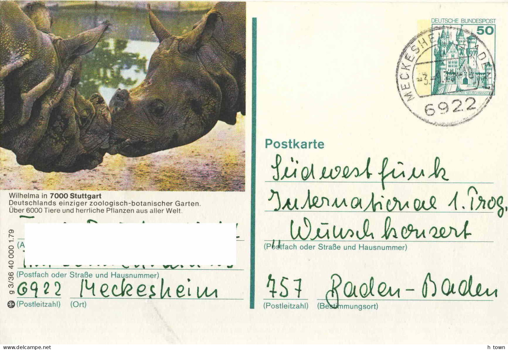 129  Rhinocéros, Zoo: Entier (c.p.) D'Allemagne, 1979 - Rhinoceros, Stuttgart Zoo: Stationery Postcard From Germany - Rhinoceros