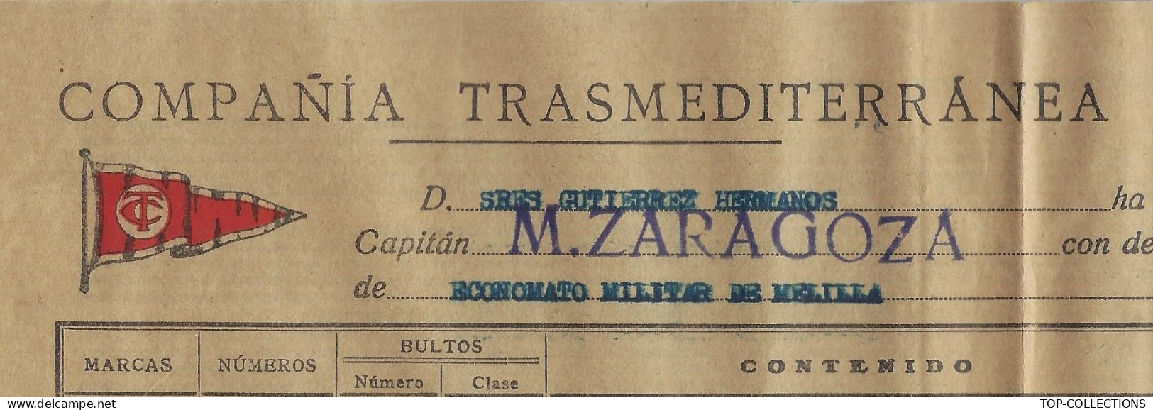 1923 NAVIGATION CONNAISSEMENT BILL OF LADING CONOCIMIENTO Cia Trasmediterranea Barcelona De Cadiz à  Melilla  Cognac - Spanje