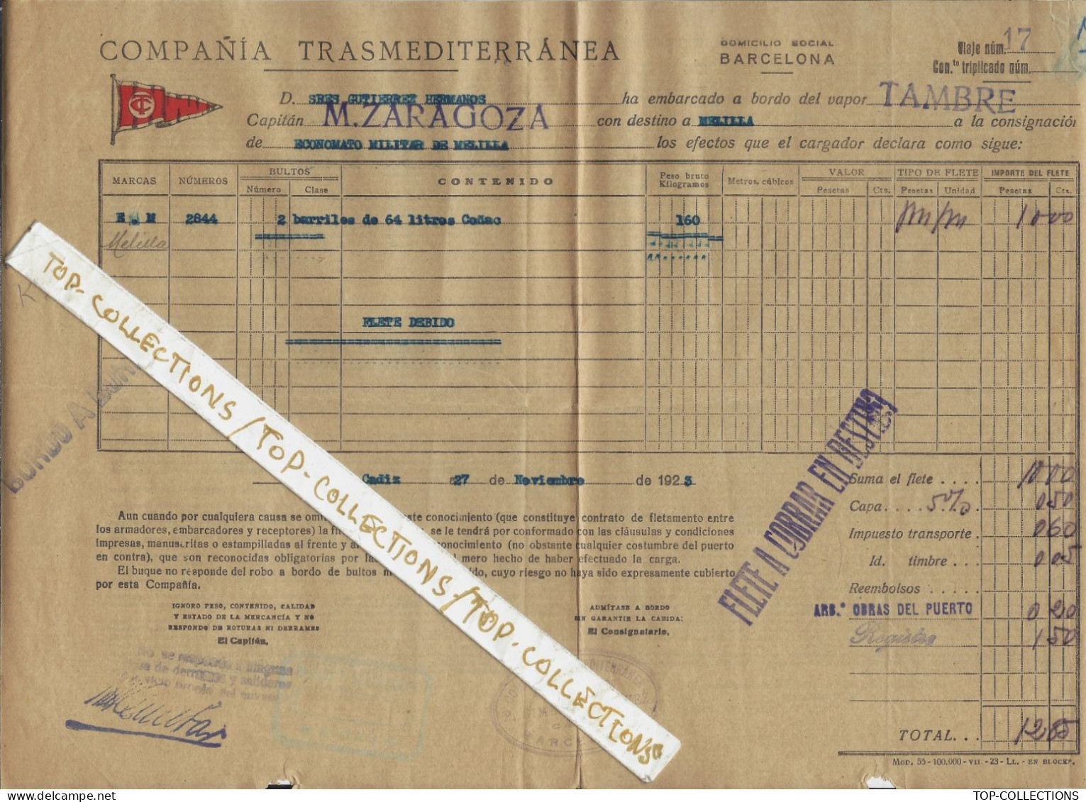 1923 NAVIGATION CONNAISSEMENT BILL OF LADING CONOCIMIENTO Cia Trasmediterranea Barcelona De Cadiz à  Melilla  Cognac - Spagna