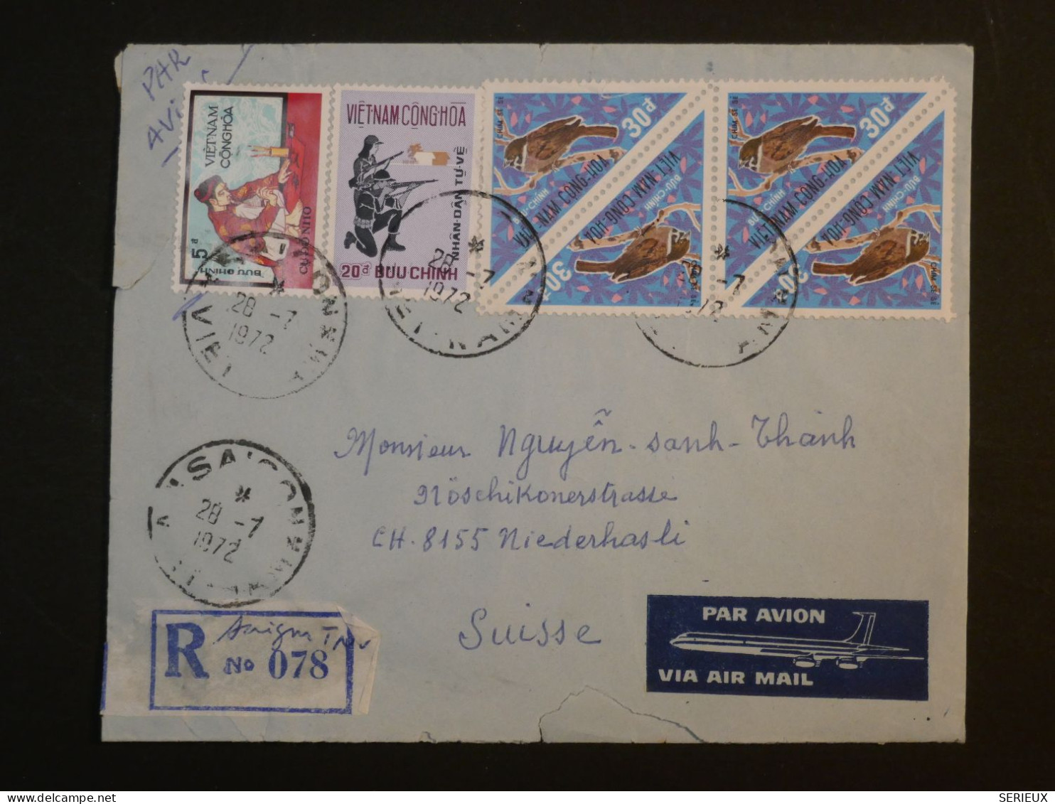 DF19  VIETNAM GONG HOA  BELLE LETTRE RECO   1972  SAIGON A  NIEDERLASLI SUISSE+BLOC DE 4 TP  +AFF INTERESSANT+++ - Vietnam