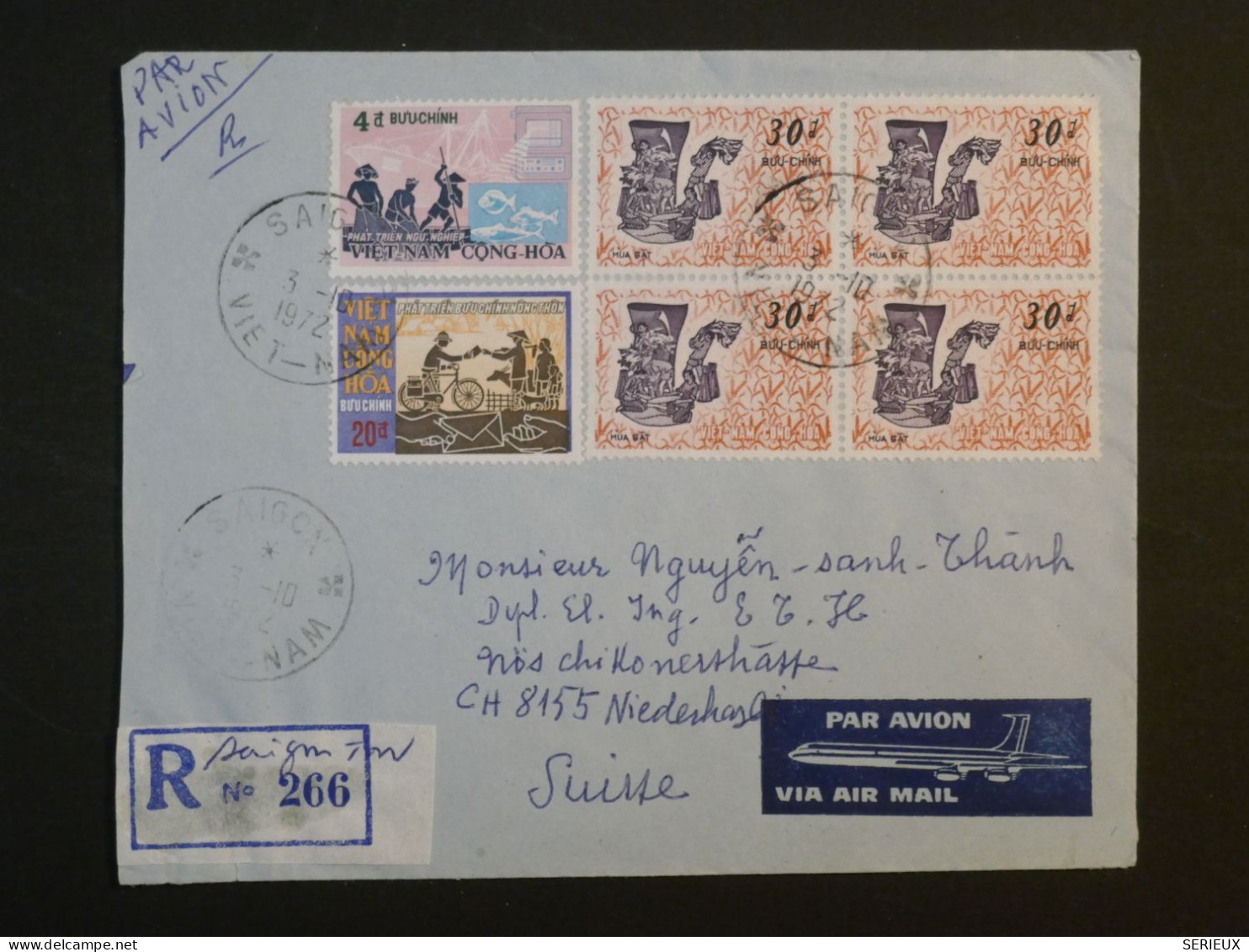 DF19  VIETNAM GONG HOA  BELLE LETTRE RECO   1972  SAIGON A  NIEDERLASLI SUISSE+BLOC DE 4 TP  +AFF INTERESSANT+++ - Viêt-Nam