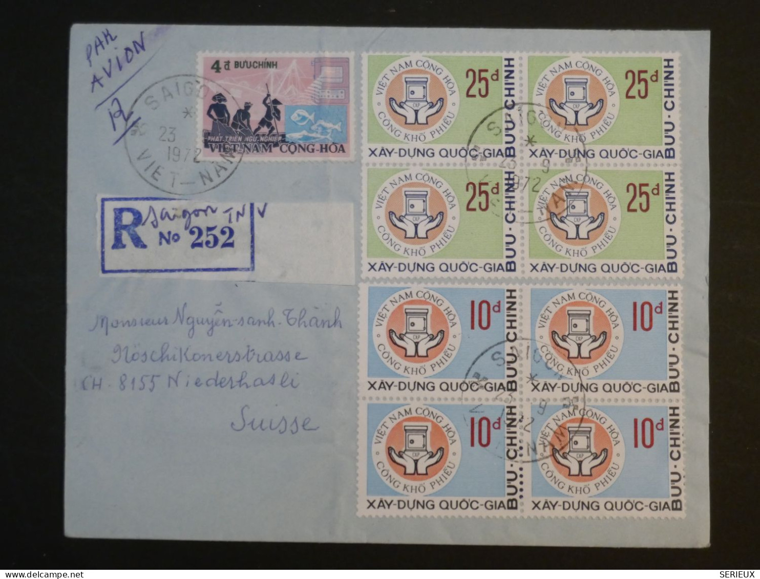 DF19  VIETNAM CONG HOA  BELLE LETTRE RECO   1972  SAIGON A  NIEDERLASLI SUISSE+2 BLOCS DE 4 TP  +AFF INTERESSANT+++ - Viêt-Nam