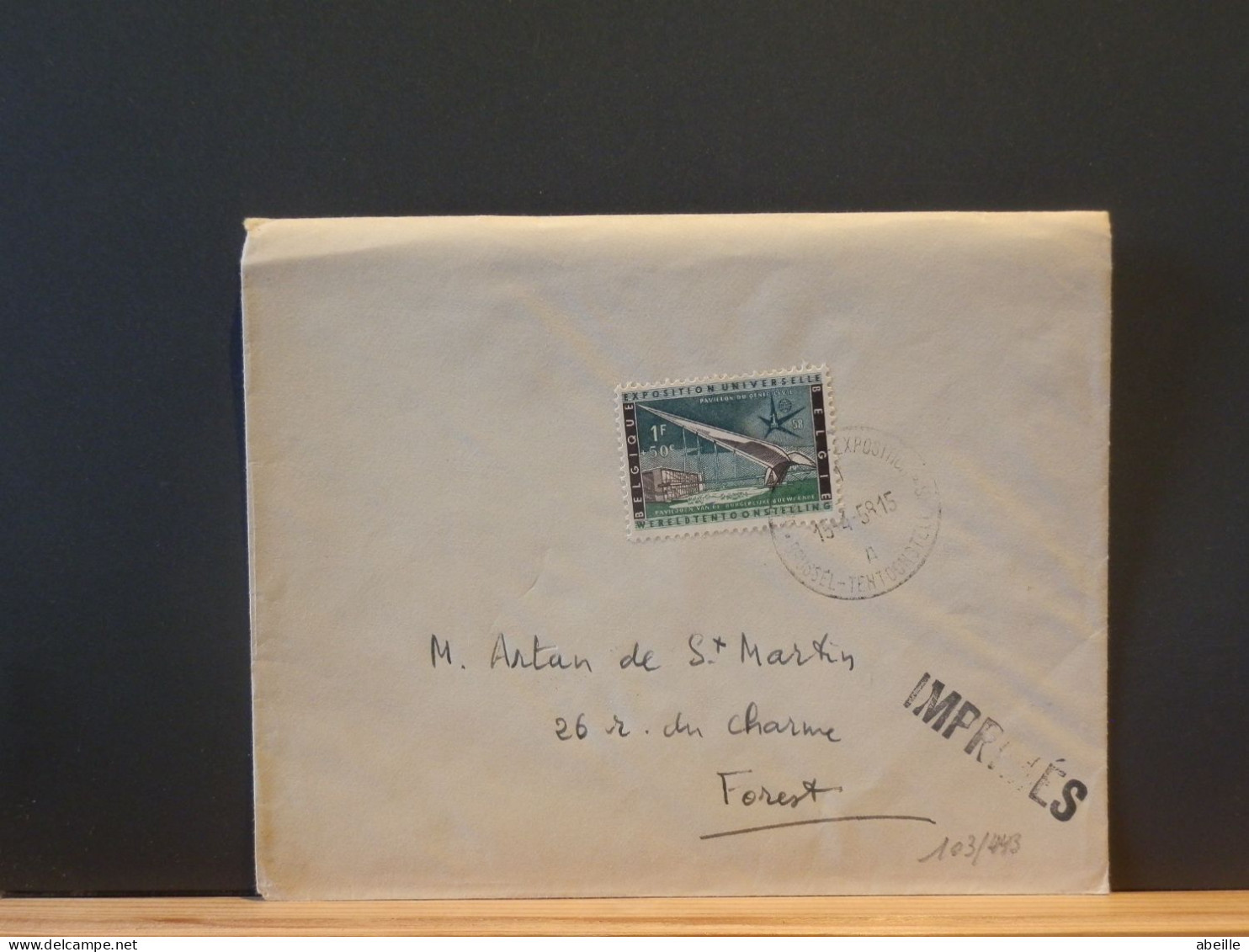 103/443  LETTRE BELGE  1958  EXPO - 1958 – Bruxelles (Belgique)