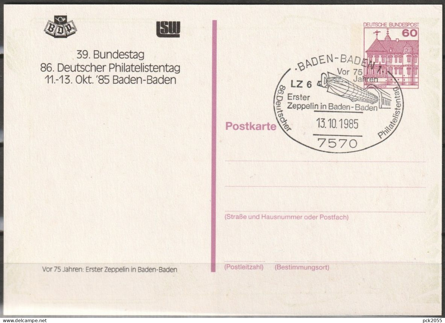 Bund 1985  SSt. Baden-Baden  86.Deutscher Philatelistentag LZ 6 Erster Zeppelin In Baden-Baden PP106 D2/003 ( D 7119) - Privatpostkarten - Gebraucht