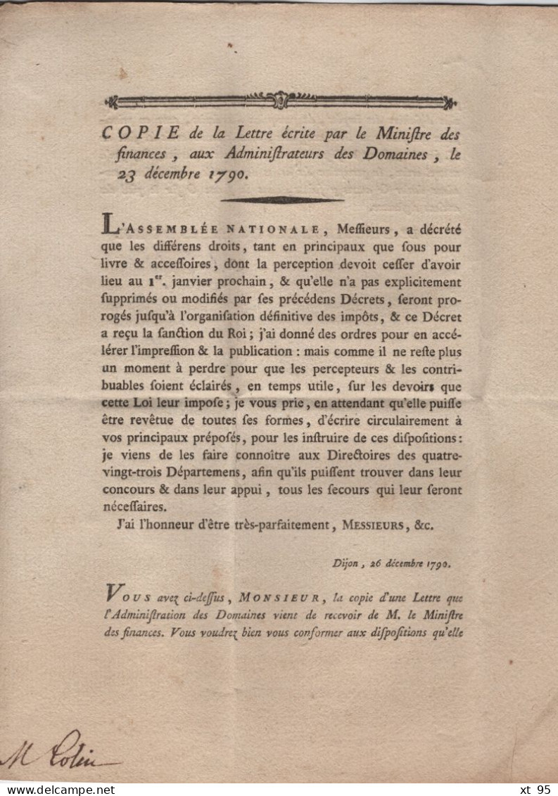 Dijon - 1790 - Cote D'Or - Copie De La Lettre Ecrite Par Le Ministre Des Finances - ....-1700: Precursores