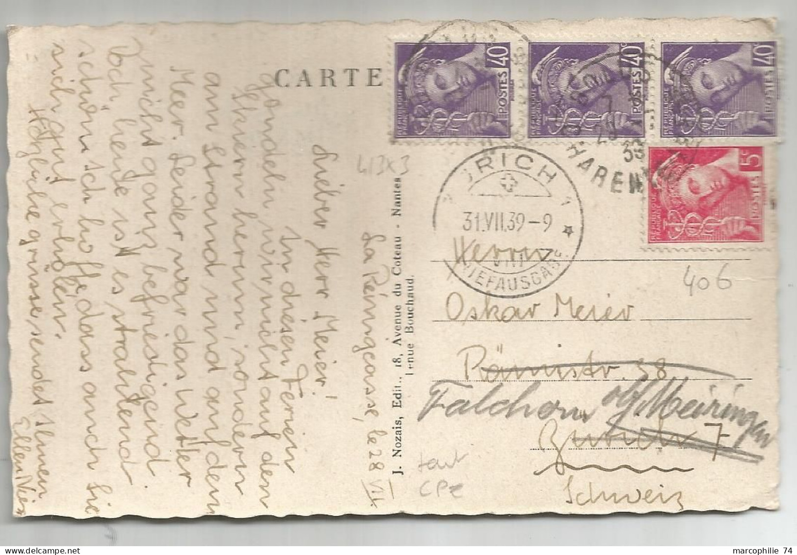 MERCURE 40CX3+5C ROSE CARTE CHARENTE 1939 POUR SUISSE AU TARIF - 1938-42 Mercure