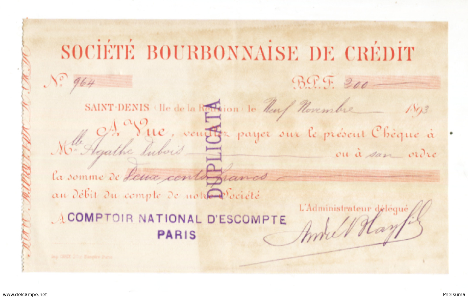 TRES RARE - Colonie De La REUNION - Chèque De La Société Bourbonnaise De Crédit  1893 - Reunion
