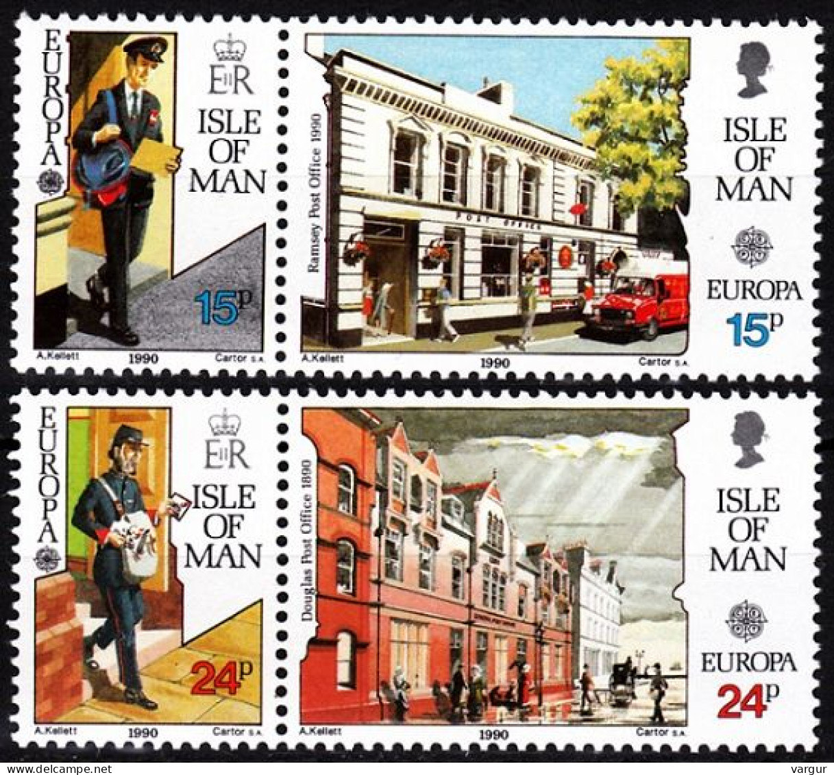ISLE OF MAN 1990 EUROPA: Postal Offices, Postmen, Buildings. 2 Pairs, MNH - 1990