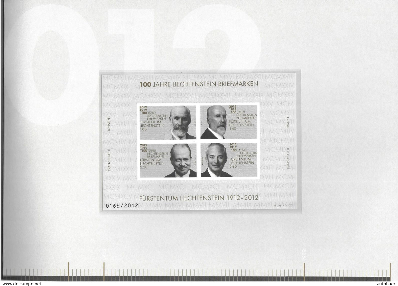 Liechtenstein 2012 100 years stamps 100 Jahre Briefmarken Mi. 1618-21 Bl. 21 im Buch siehe Beschreibung Folder