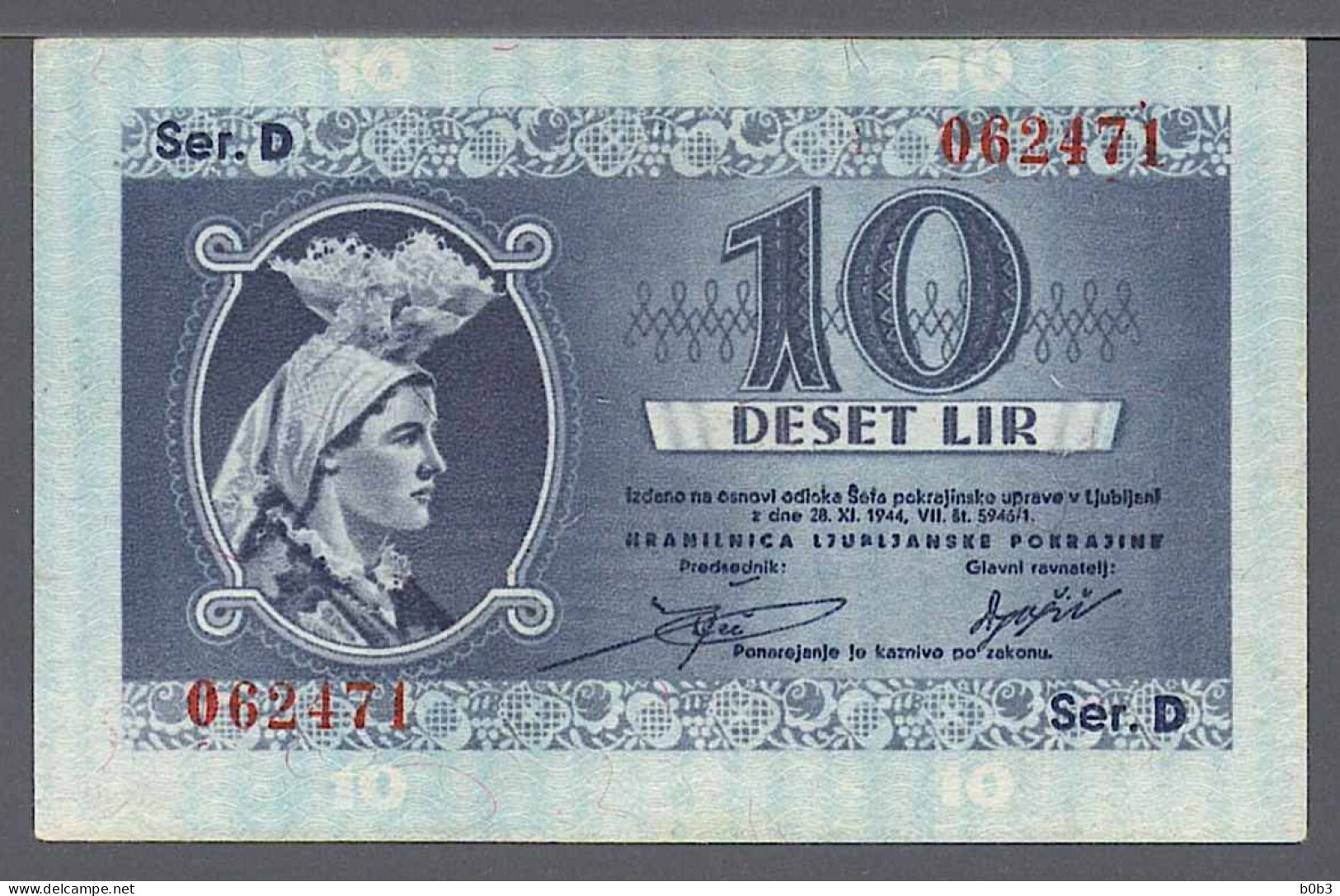 Slovenia Laibach Yugoslavia German Occupation 10 Lire 1944 Pick R5 UNC *RARE* - Slovenia