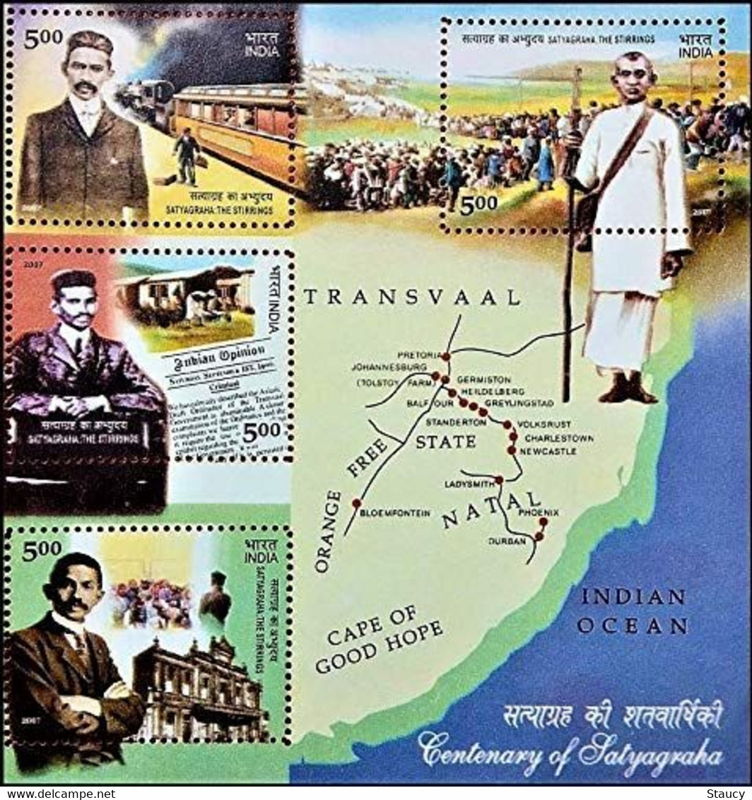 INDIA 2007 Mahatma Gandhi Satyagraha South Africa Map 4v MS Miniature Sheet MNH P.O Fresh & Fine - Mahatma Gandhi