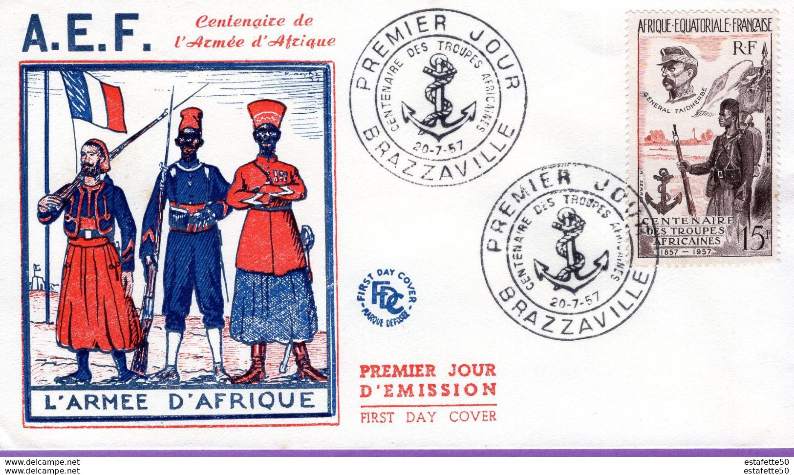 France, AEF ;FDC 1er Jour; 1957 ," Centenaire De L'armée D'Afrique " Brazzaville - FDC