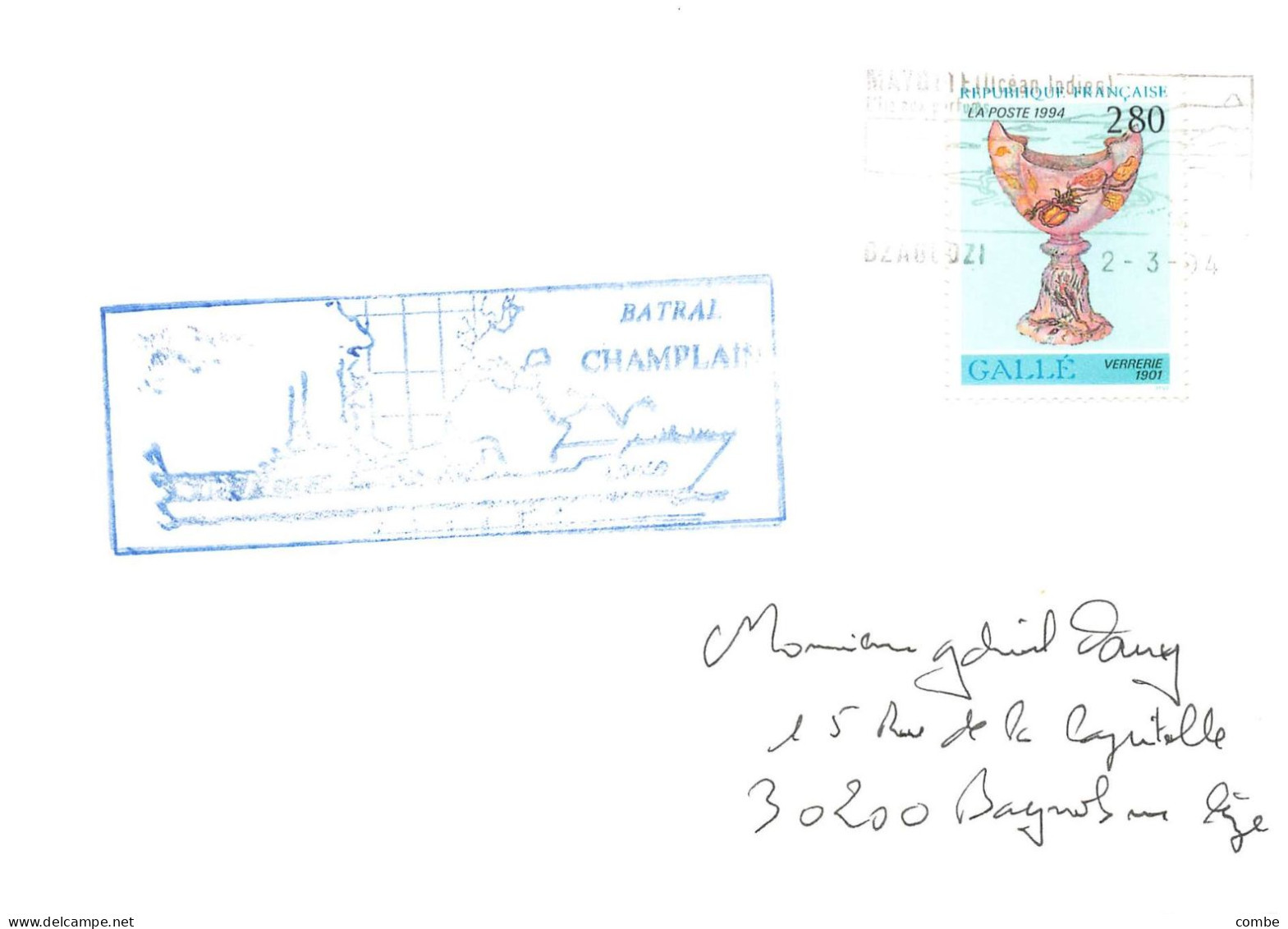 LETTRE. 1994. MARINE NATIONALE FRANCAISE. CHAMPLAIN. DZAOUDZI. MAYOTTE.. 6 7 23 - Covers & Documents