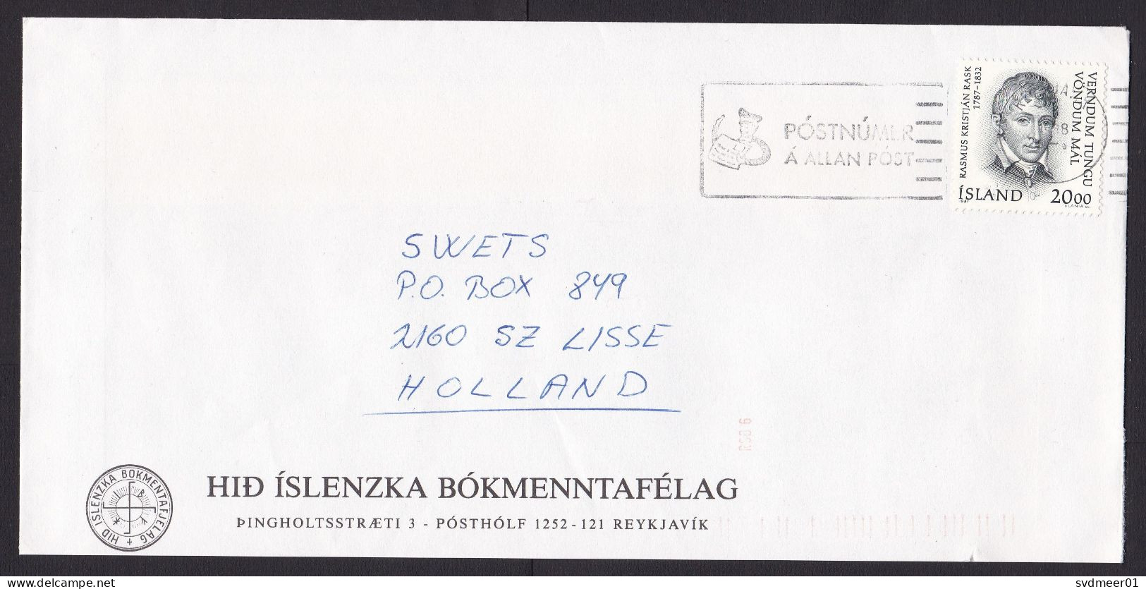 Iceland: Cover To Netherlands, 1988, 1 Stamp, Rask, Philology, Language Scientist, Science, History (minor Discolouring) - Brieven En Documenten