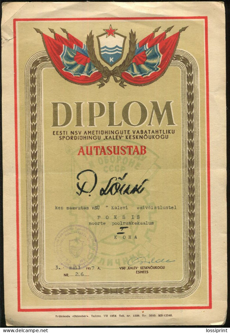 Estonia:Soviet Union:Boxing Diploma, Kalevi Championsships I Place, 1957 - Diplômes & Bulletins Scolaires