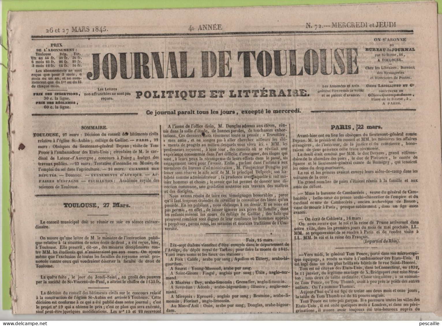 JOURNAL DE TOULOUSE 26 03 1845 - COLLEGE DE GAILLAC - FOIX - GENERAL TOM POUCE - ARRAS - POISSY CONCOURS BOEUF GRAS ... - 1800 - 1849