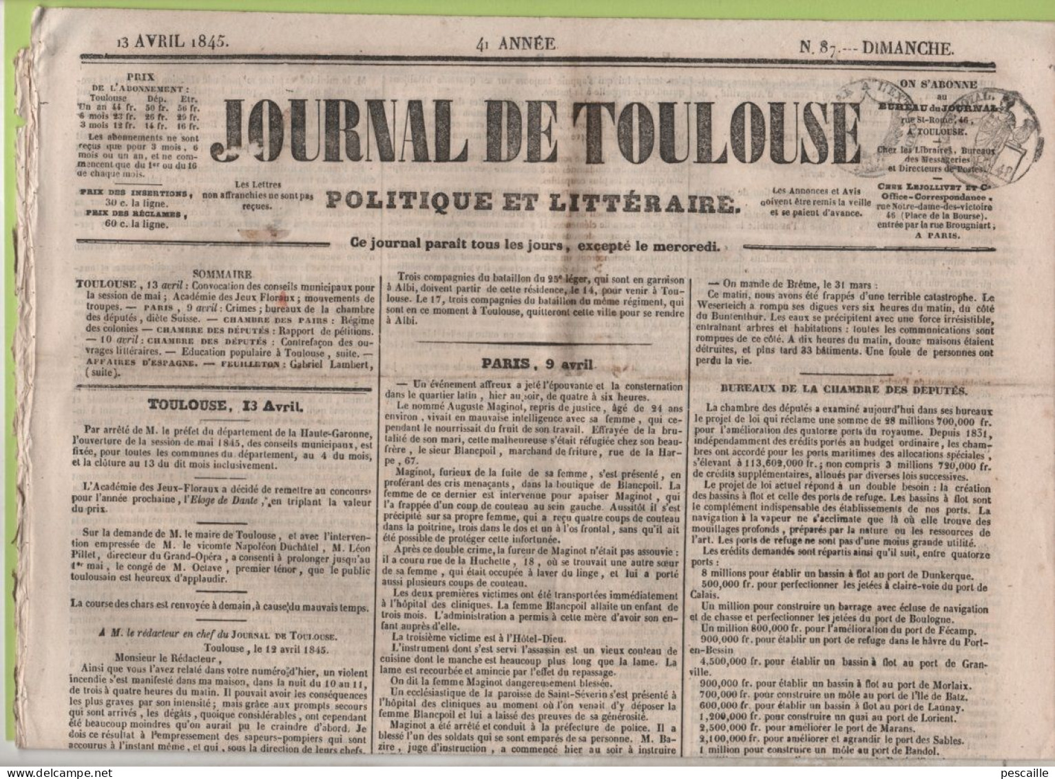 JOURNAL DE TOULOUSE 13 04 1845 - INCENDIE DES MALLES-POSTES - FEMINICIDE - PORTS - DIETE SUISSE - ESCLAVES - SARDAIGNE - 1800 - 1849