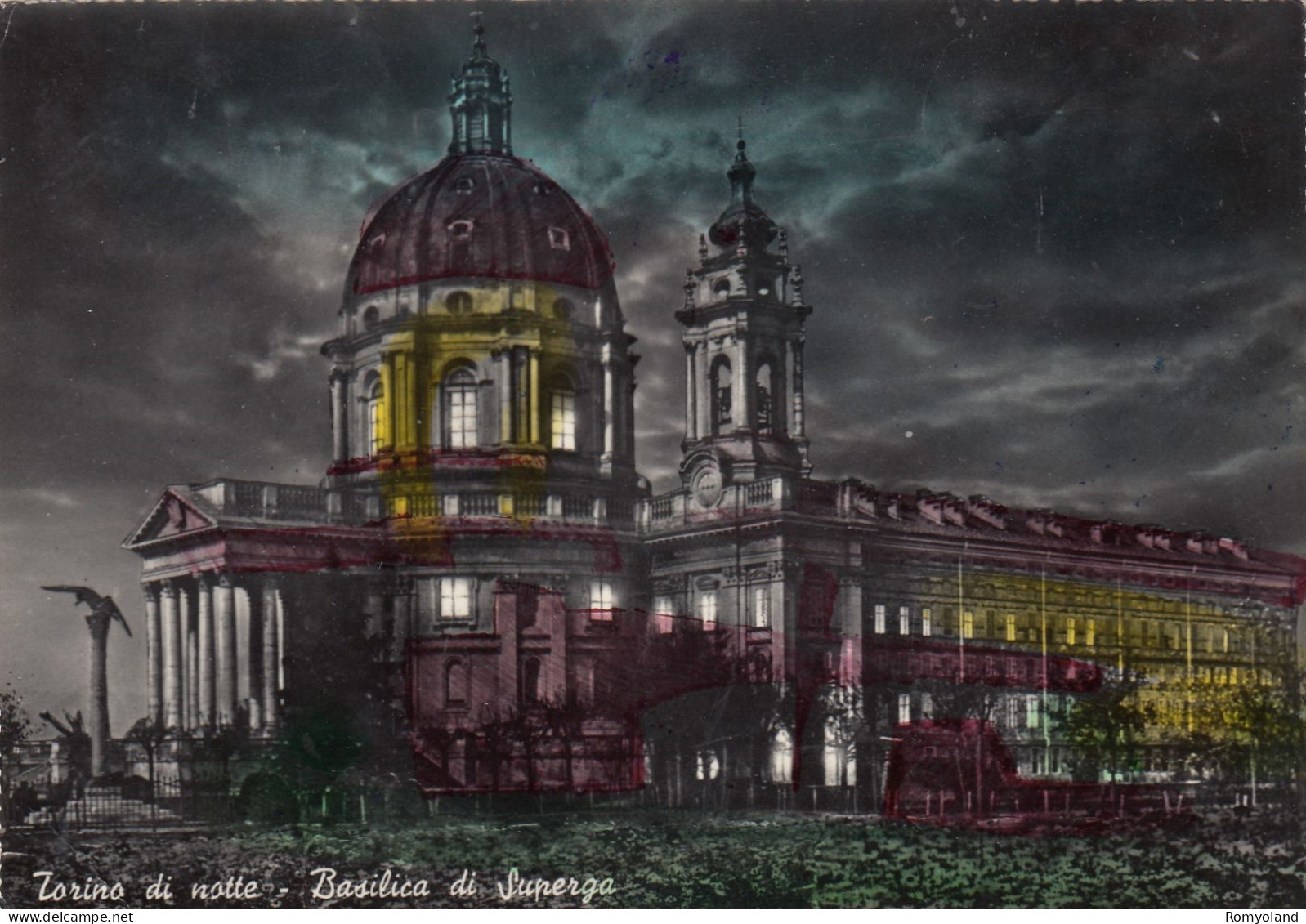 CARTOLINA  TORINO,PIEMONTE-DI NOTTE-BASILICA DI SUPERGA-CULTURA,RELIGIONE,IMPERO ROMANO,BELLA ITALIA,VIAGGIATA 1959 - Churches