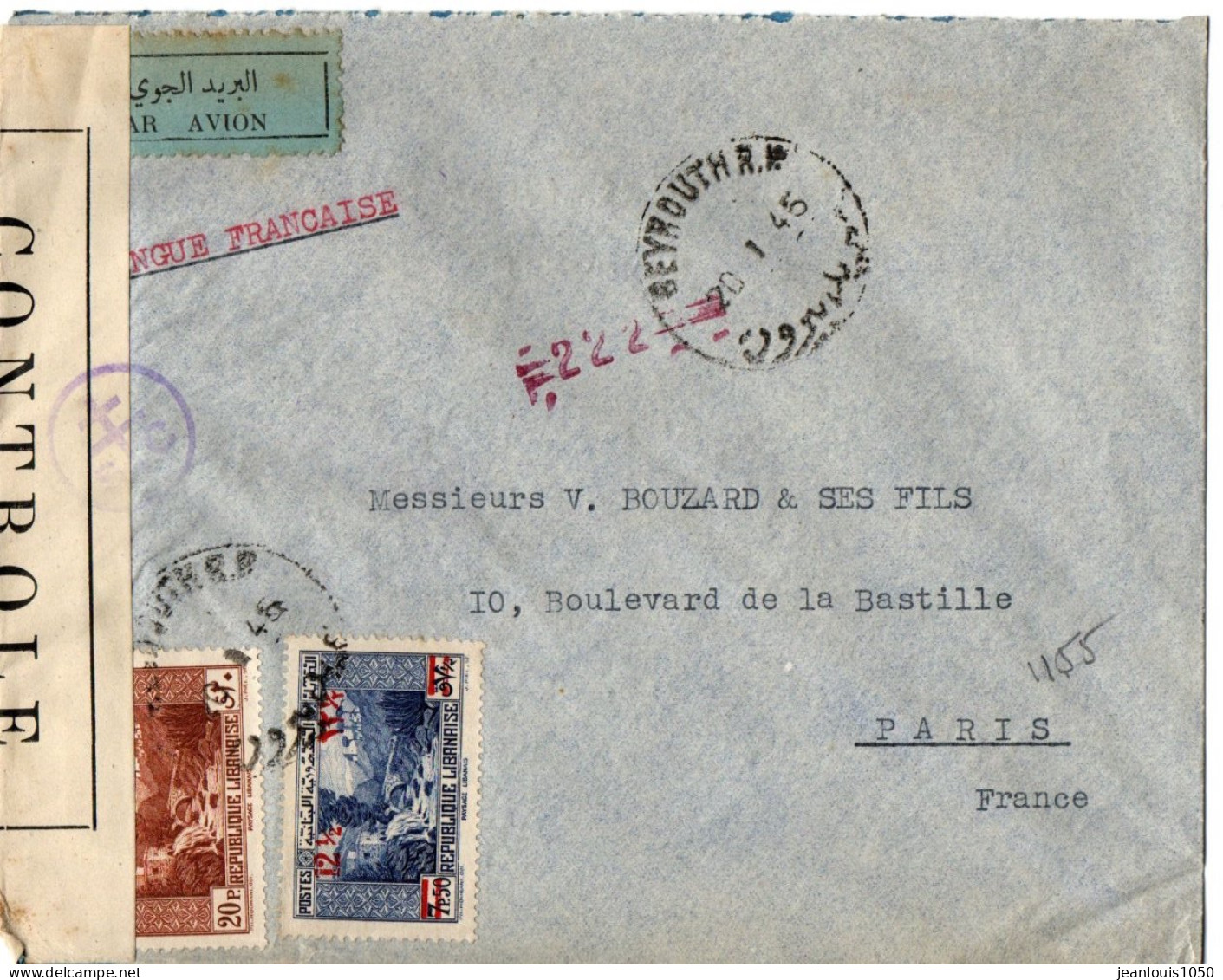 LIBAN AFFRANCHISSEMENT COMBINE SUR LETTRE EN POSTE AERIENNE OBLITERE 1 1945 POUR LA FRANCE CENSURE - Cartas & Documentos