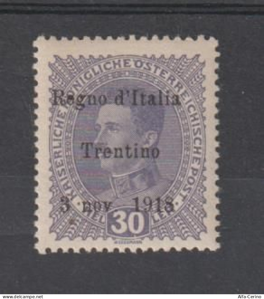 TRENTINO - A.A.:  1918  SOPRASTAMPATO  -  30 H. VIOLETTO  GRIGIO  N. -  FIRMATO  G. OLIVA  -  SASS. 9 - Trentin