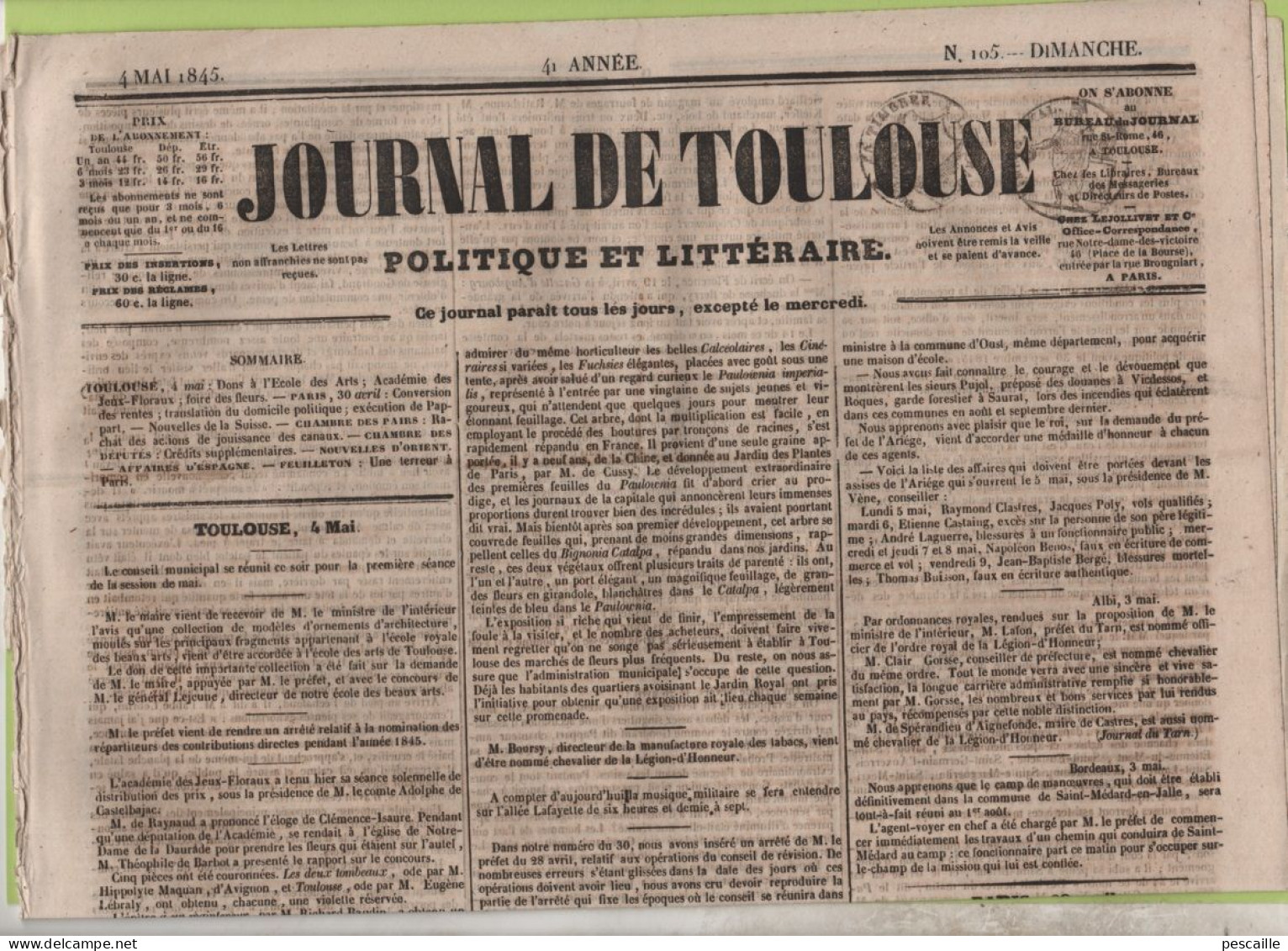 JOURNAL DE TOULOUSE 04 05 1845 - FOIRE DES FLEURS - PAIRS - STRASBOURG - EXECUTION A NEVERS - BERNE - TURQUIE GRECE ... - 1800 - 1849