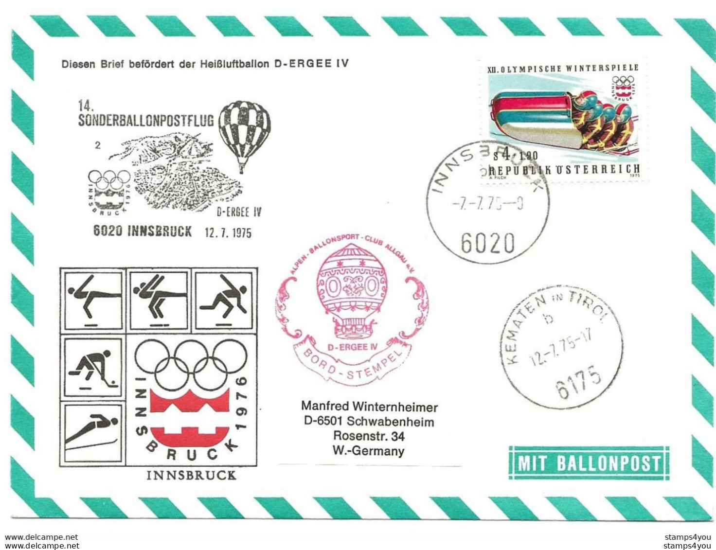 53 - 75 - Enveloppe D'Autriche Vol Ballon Jeux Olympique 1976 - 14. Sonderballonpostflug Innsbruck - Winter 1976: Innsbruck