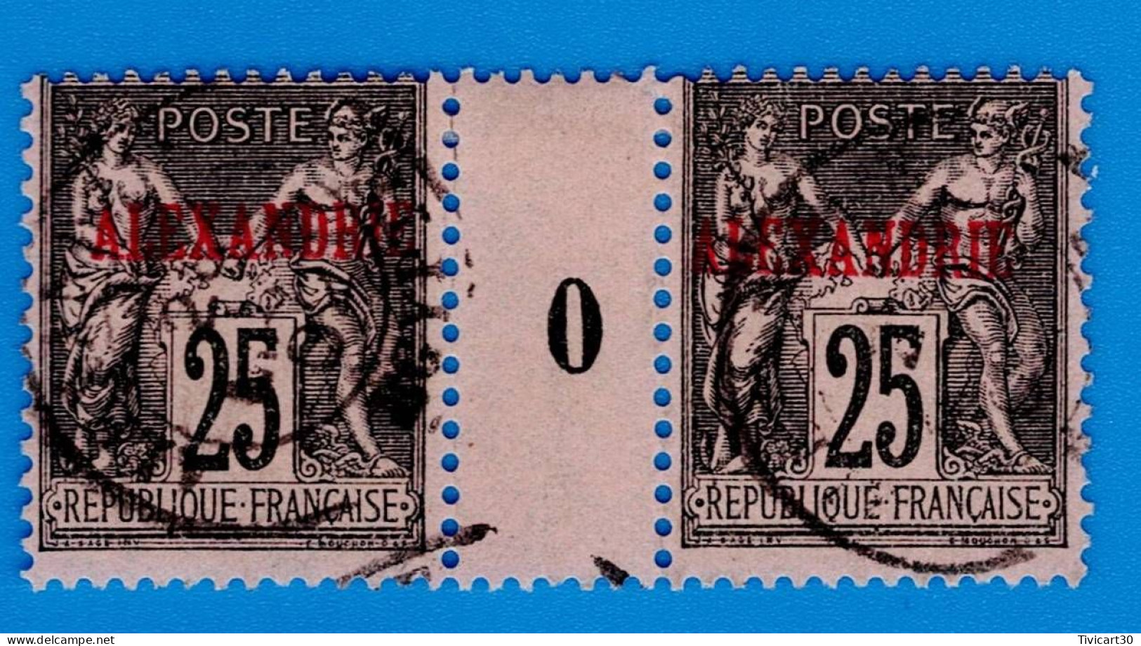 TIMBRE BUREAU FRANCAIS - ALEXANDRIE - PAIRE DE N° 11 - 25 C. TYPE SAGE NOIR SUR ROSE MILLESIME 0 - OBLT. ALEXANDRIE - Oblitérés