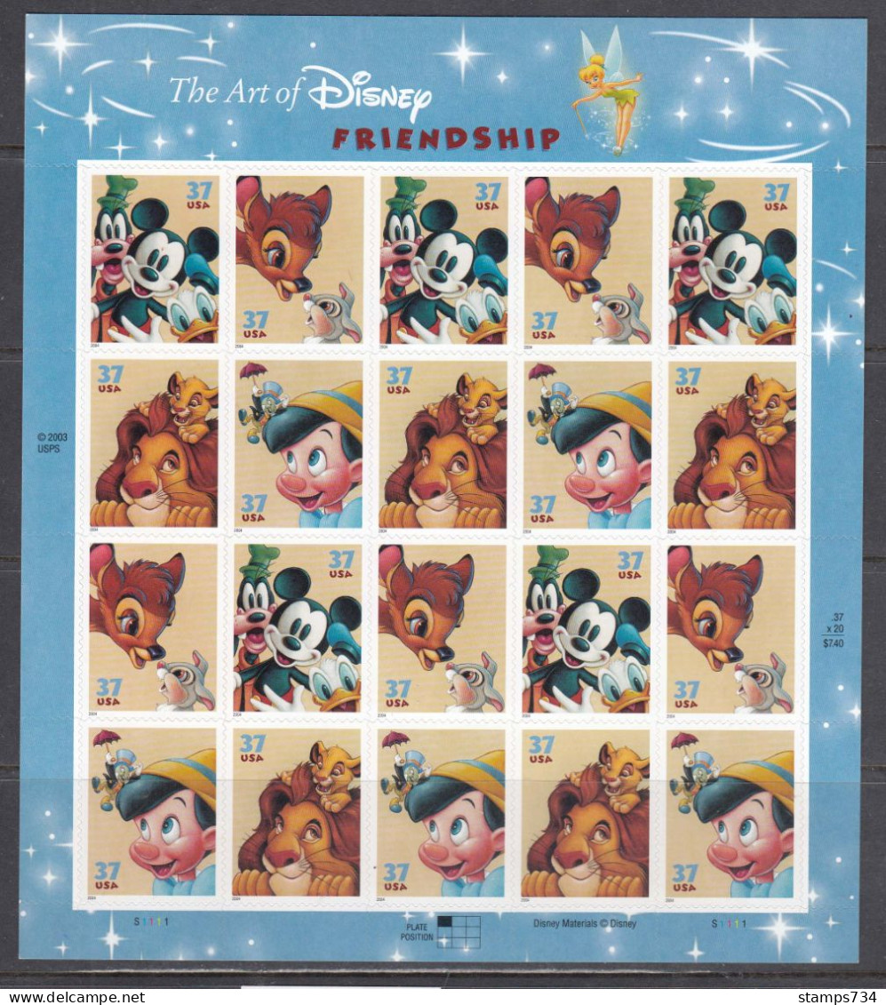 USA 2004 - The Art Of Disney: FRIENDSHIP, Sheet Of 20 Stamps (5 Sets), MNH** - Ungebraucht