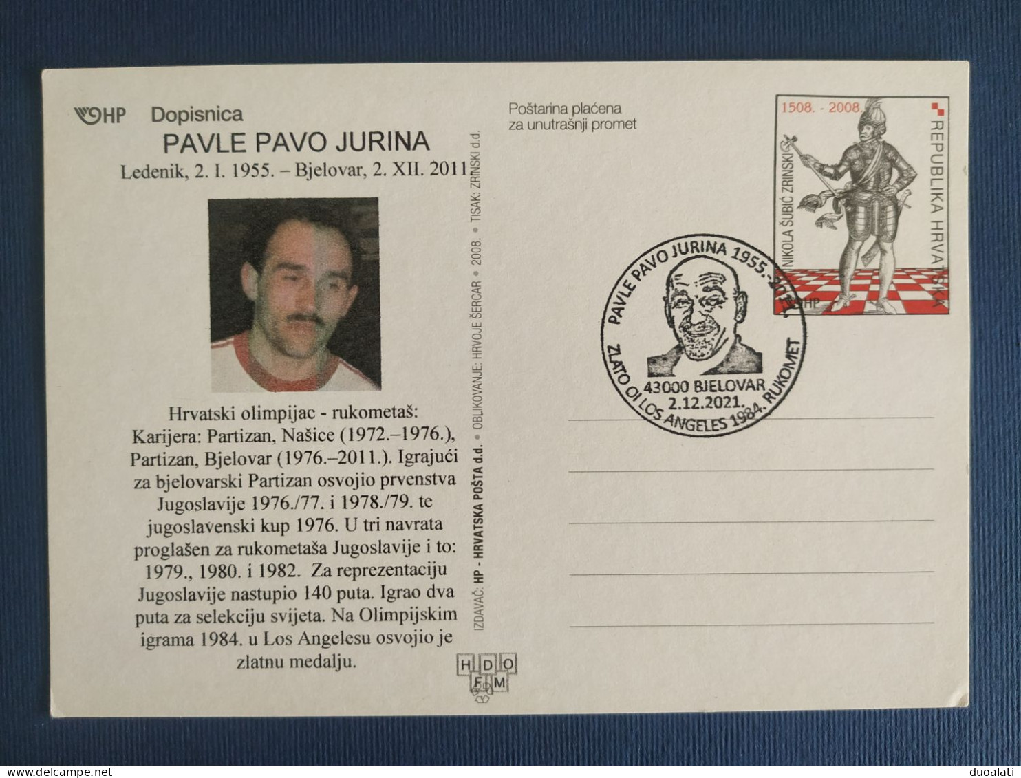 Croatia 2021 Pavle Pavo Jurina Handball Player Gold Medal Winner Olympic Games Los Angeles Stationery & Commem. Postmark - Handbal