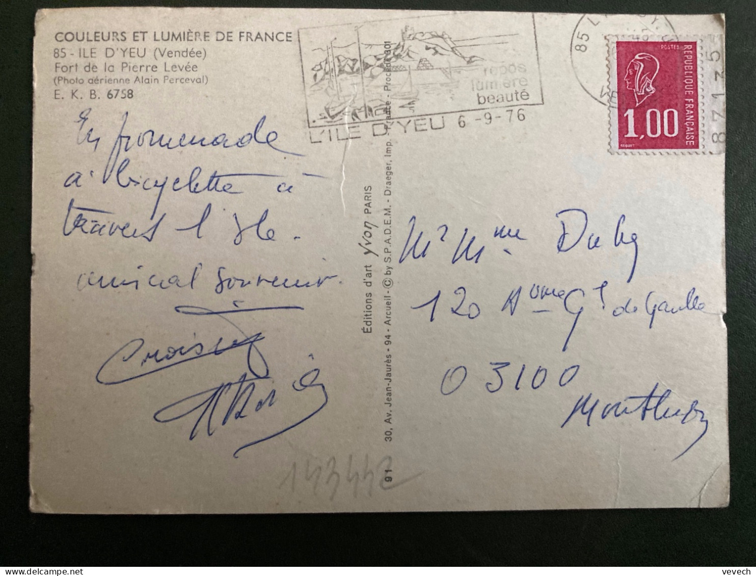 CP TP M DE BEQUET 1,00 3BP De Carnet Bord Numéroté OBL.MEC.6-9 1976 85 L'ILE D'YEU VENDEE - 1971-1976 Marianne (Béquet)