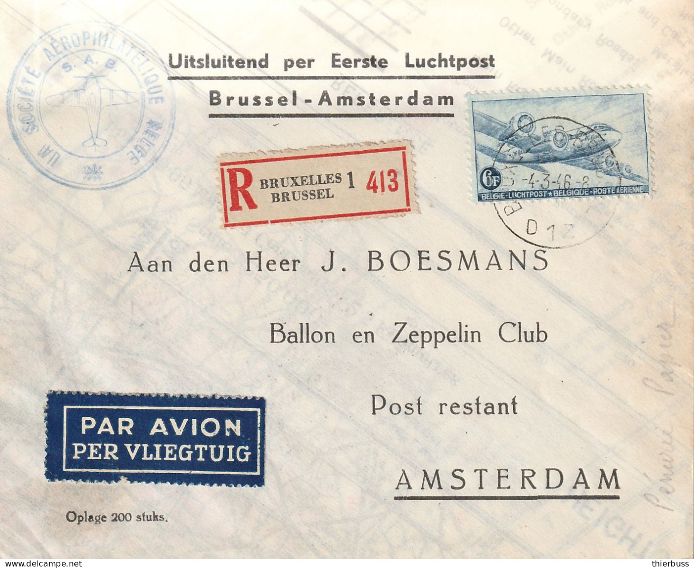 1946 Vol Bruxelles Amsterdam Papier Des Cartes De L'armée Américaine - Cartas & Documentos
