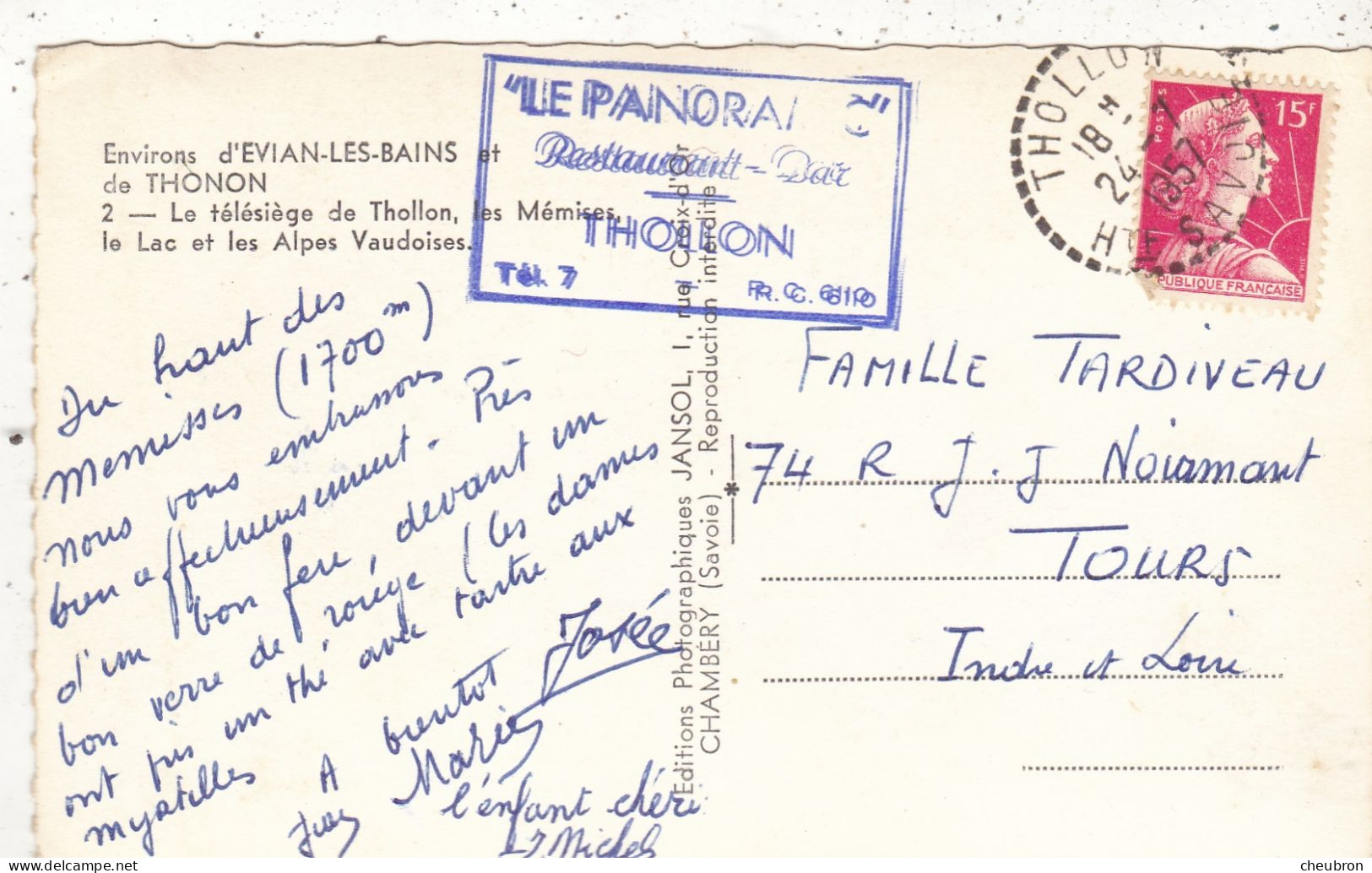 74. THOLLON LES MEMISES.. CPA. LE TELESIEGE.  ANNEE 1957 + TEXTE. - Thollon