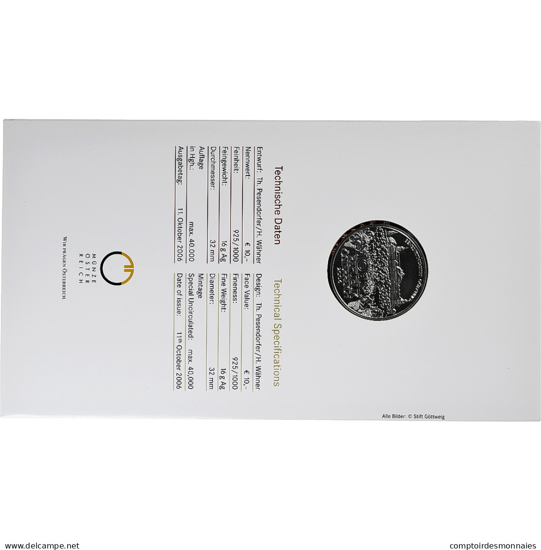 Autriche, 10 Euro, Göttweig Schloss, 2006, Vienne, Argent, FDC - Austria