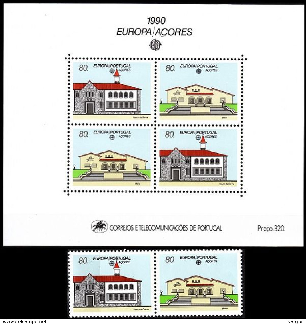 ACORES 1990 EUROPA: Post Offices, Architecture. Pair + S/sheet, MNH - 1990