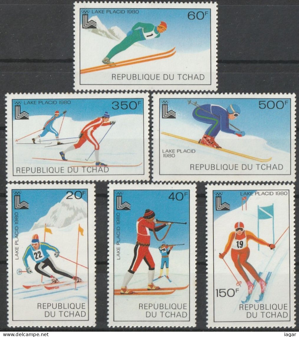 THEMATIC WINTER OLYMPIC GAMES:  LAKE PLACID '80.  SLALOM,BIATHLON,JUMPING,FREE DESCENT,FOND, SPEED  -  TCHAD - Hiver 1980: Lake Placid