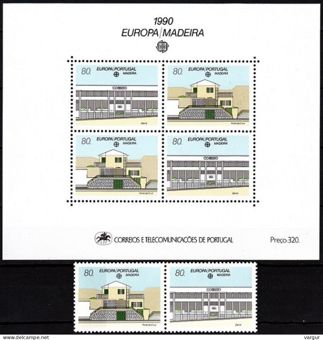 MADEIRA 1990 EUROPA: Post Offices, Architecture. Pair + S/sheet, MNH - 1990