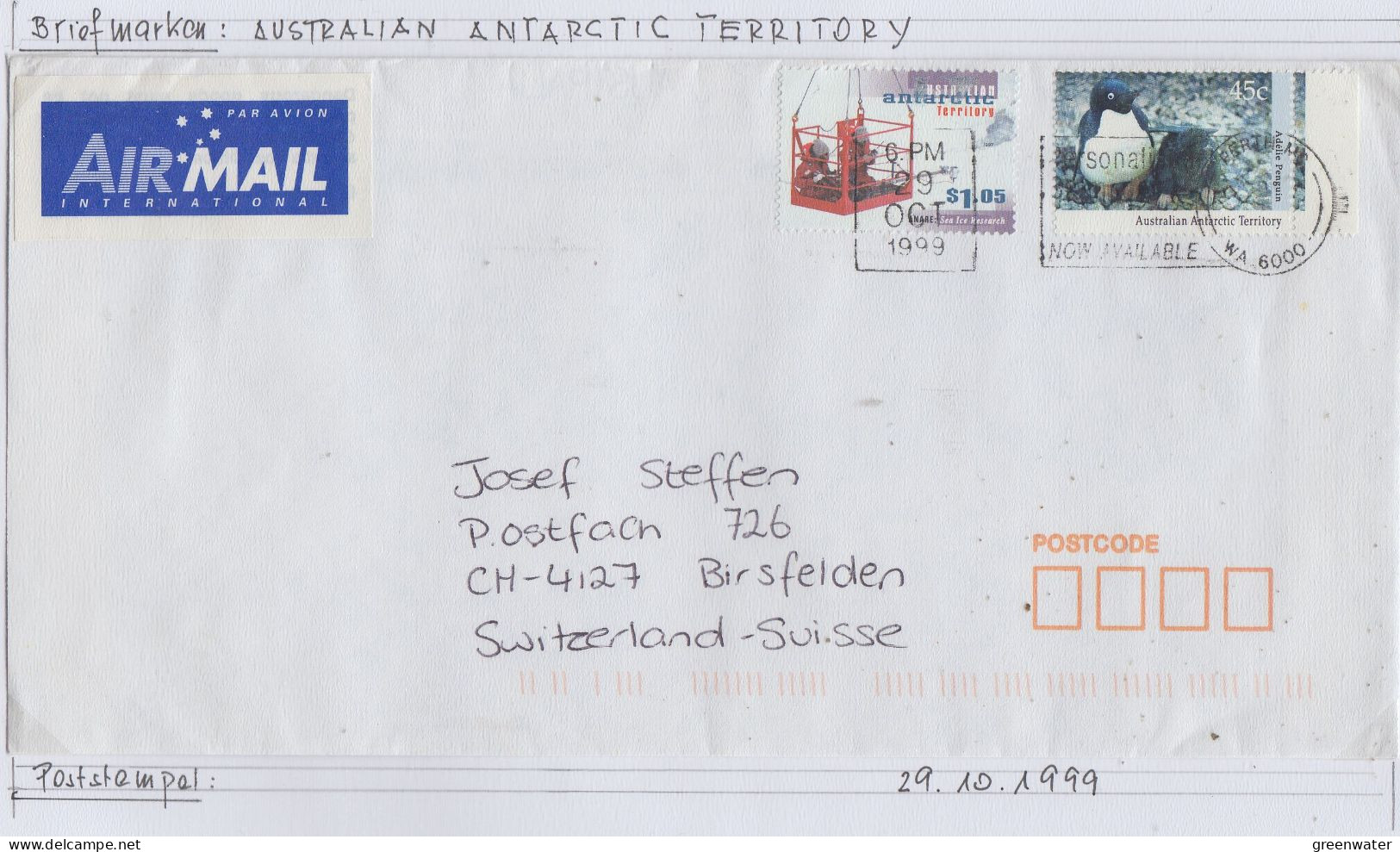 AAT Stamps On Cover Ca 29.10.1999(AS151A) - Cartas & Documentos