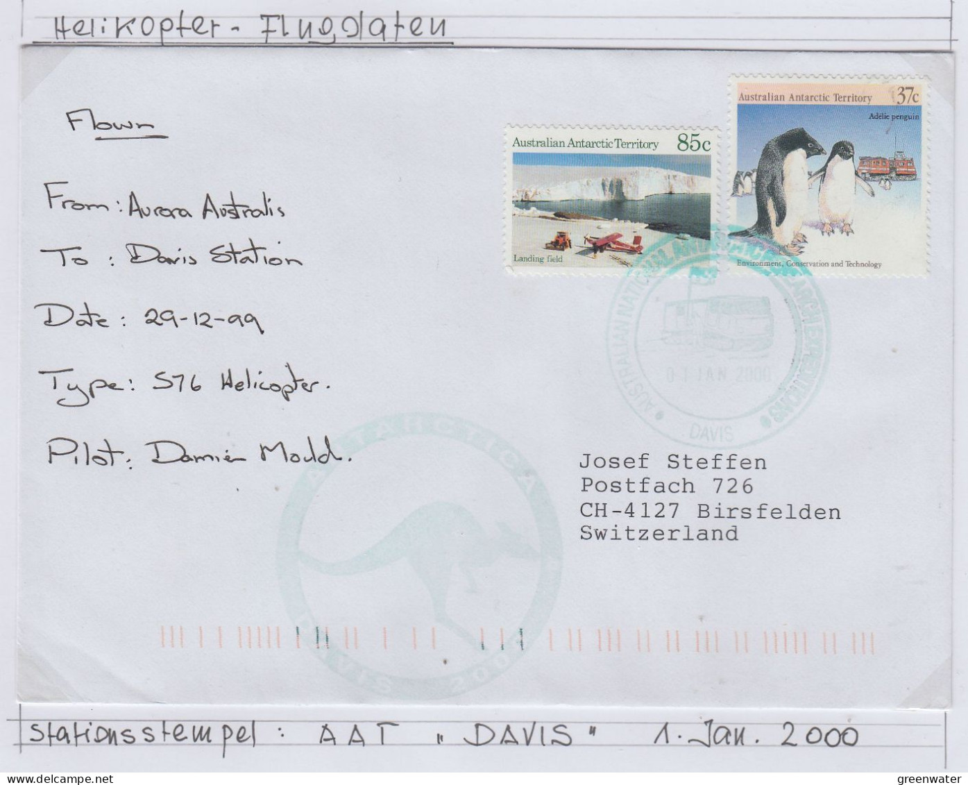 AAT Davis Heli Flight From Aurora Australis To Davis 29.12.1999 (AS152B) - Cartas & Documentos