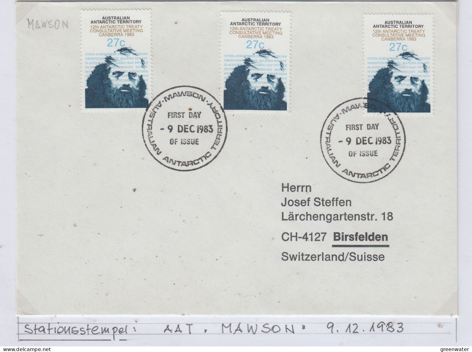 AAT Antarctic Treaty Consultative Meeting Canberra 1v (3x) FDC Ca Mawson 9.12.1983 (AS153B - FDC