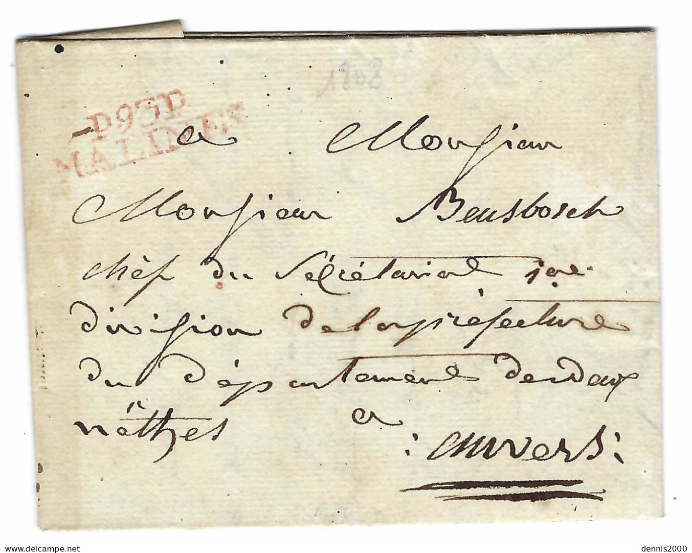 1808 - Lettre De P.93.P. / MALINES  ( Les Deux Nethes ) 33 Mm Rouge Pour Anvers - 1794-1814 (Periodo Frances)