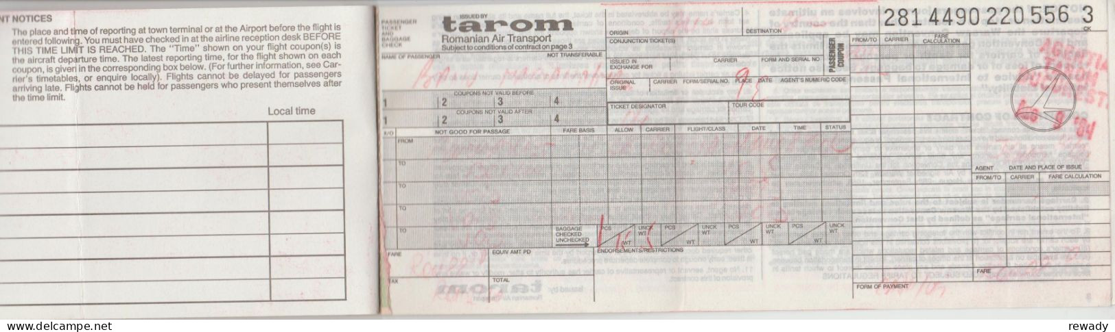 Romania - TAROM - Bilet De Avion - Plane Ticket - Passenger Ticket - Billet D'avion (1984) - Europe