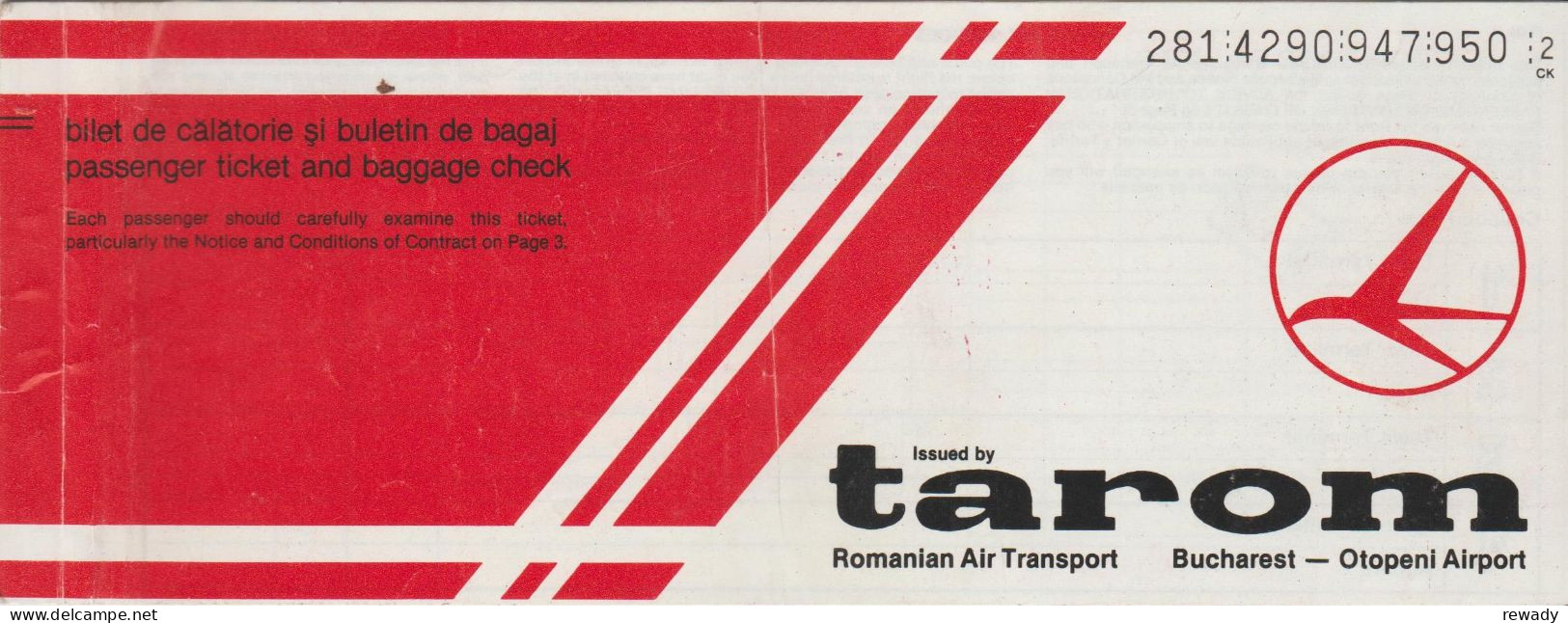 Romania - TAROM - Bilet De Avion - Plane Ticket - Passenger Ticket - Billet D'avion (1987) - Europe