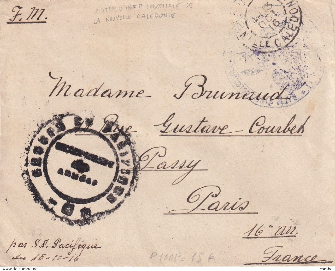 LETTRE. FM. NOUVELLE CALEDONIE. BATAILLON D'INFANTERIE COLONIALE DE LA NOUV. CAL. PAR SS PACIFIQUE POUR PARIS - Briefe U. Dokumente